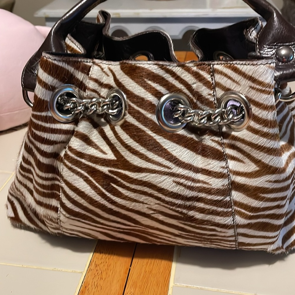 ROBERTA GANDOLFI- satchel bag, ITALY- TIGER PRINT- leather-calf hair- chains